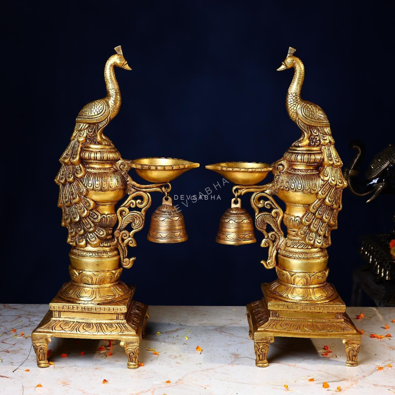 Brass Peacock Lamp Pair – 19 Inches – Elegant Handcrafted for Home & Temple Décor