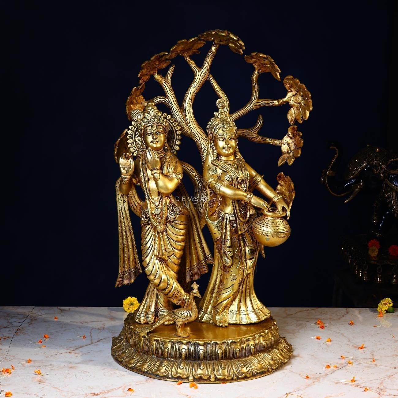 Brass Radha Krishna Idol Under Kadamb Tree – 21 Inches – Divine Handcrafted Murti for Home & Temple