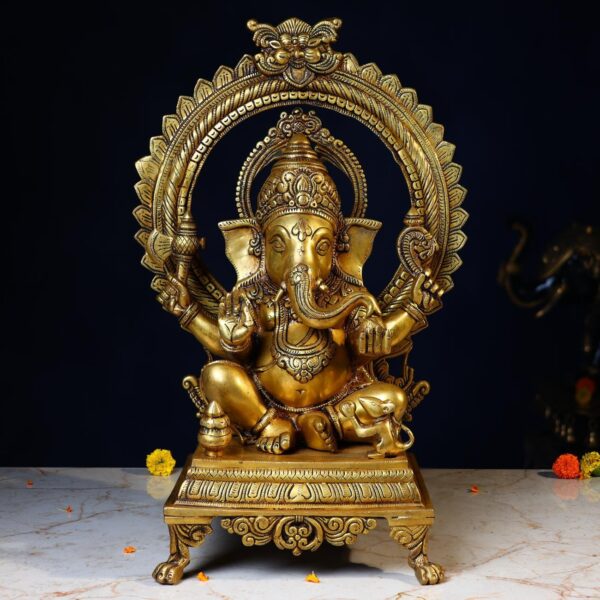Brass Ganesh Idol – 19.5 Inches – Divine Lord Ganesha Murti – front view