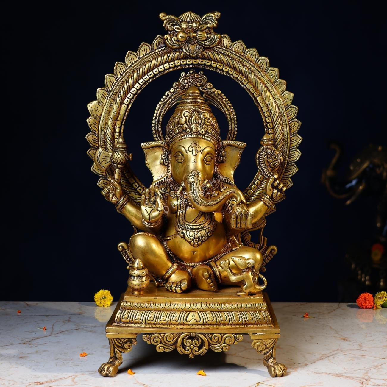 Brass Ganesh Idol – 19.5 Inches – Divine Lord Ganesha Murti – front view