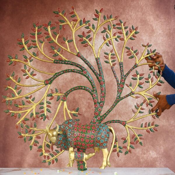 Super Large Brass Wall Hanging Kamdhenu and Calf Under Tree – 44 Inches – Divine Handcrafted Wall Art for – front view