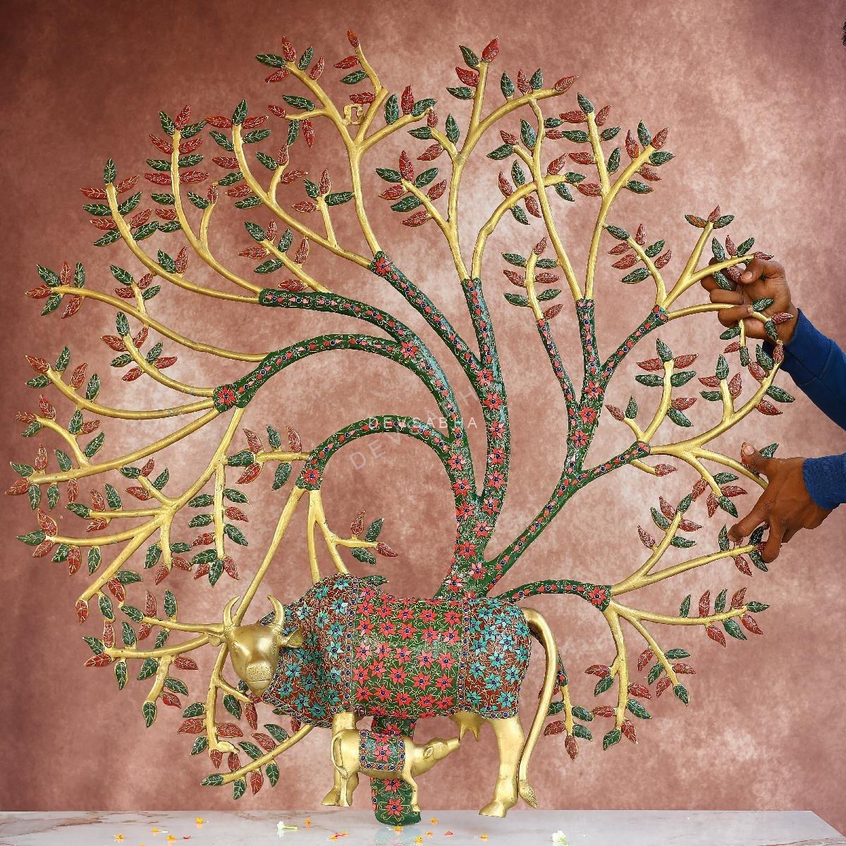 Super Large Brass Wall Hanging Kamdhenu and Calf Under Tree – 44 Inches – Divine Handcrafted Wall Art for – front view