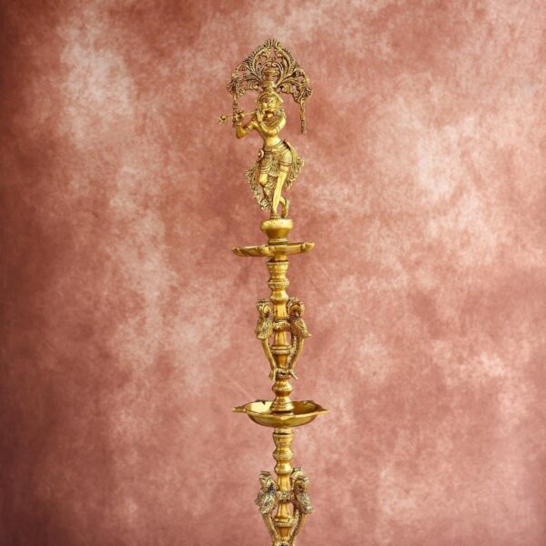 Brass Krishna Lamp Pair – 36.5 Inches – Grand Handcrafted Diya Set – detail view