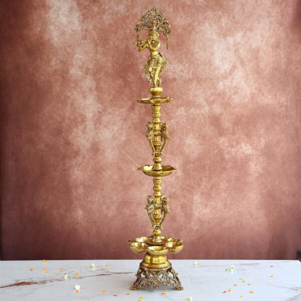 Brass Tall Krishna Lamp – 36.5 Inches – Majestic Handcrafted Diya for Home & Temple Décor – front view