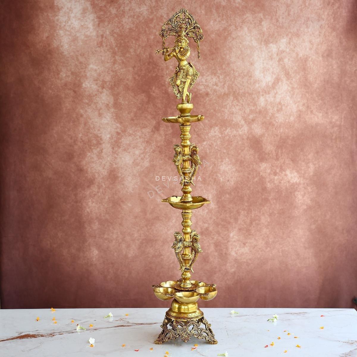 Brass Tall Krishna Lamp – 36.5 Inches – Majestic Handcrafted Diya for Home & Temple Décor – front view