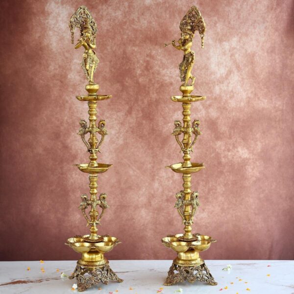 Brass Krishna Lamp Pair – 36.5 Inches – Grand Handcrafted Diya Set – side view