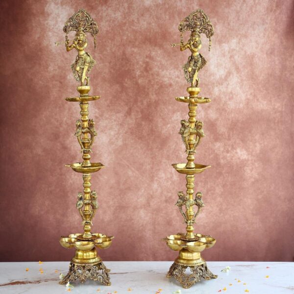 Brass Krishna Lamp Pair – 36.5 Inches – Grand Handcrafted Diya Set – front view