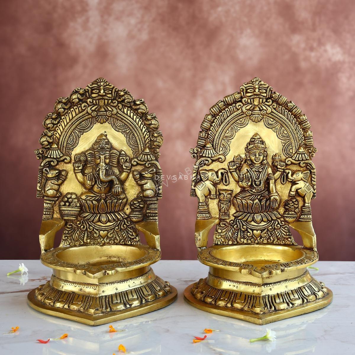 Brass Ganesh Laxmi Lamp Pair – 10.5 Inches – Divine Diya for Home & Temple Décor