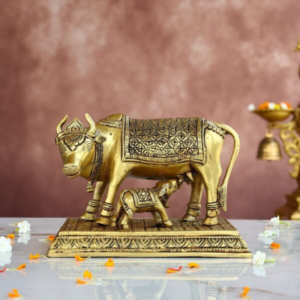 Superfine Brass Kamadhenu with Calf Idol – 5.5 Inches – Divine Cow Statue for Home & Temple
