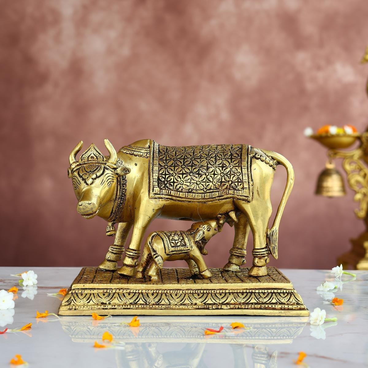 Superfine Brass Kamadhenu with Calf Idol – 5.5 Inches – Divine Cow Statue for Home & Temple