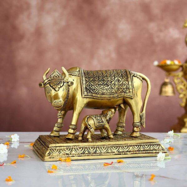 Superfine Brass Kamadhenu with Calf Idol – 5.5 Inches – Divine Cow Statue for Home & Temple