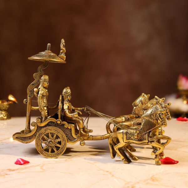 Superfine Elegant Brass Krishna and Arjuna Chariot – 8 Inches | Mahabharata Divine Sculpture – front view