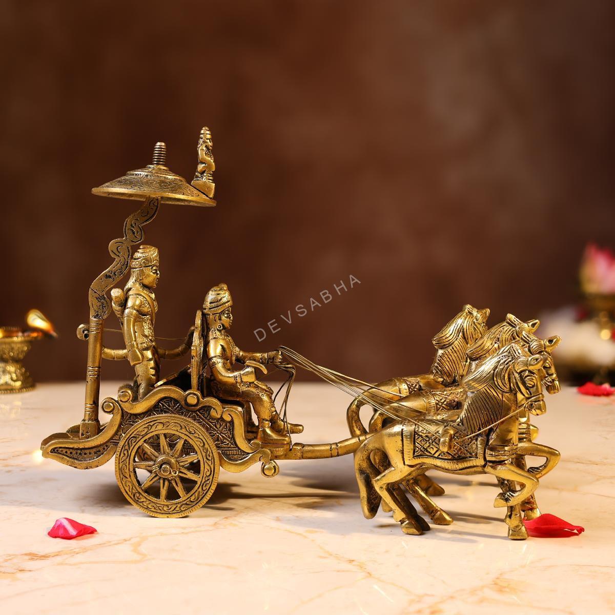 Superfine Elegant Brass Krishna and Arjuna Chariot – 8 Inches | Mahabharata Divine Sculpture – front view