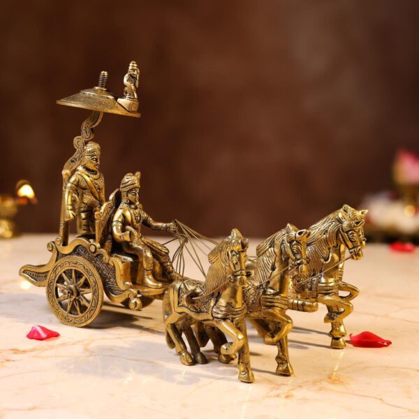 Superfine Elegant Brass Krishna and Arjuna Chariot – 8 Inches | Mahabharata Divine Sculpture – side view