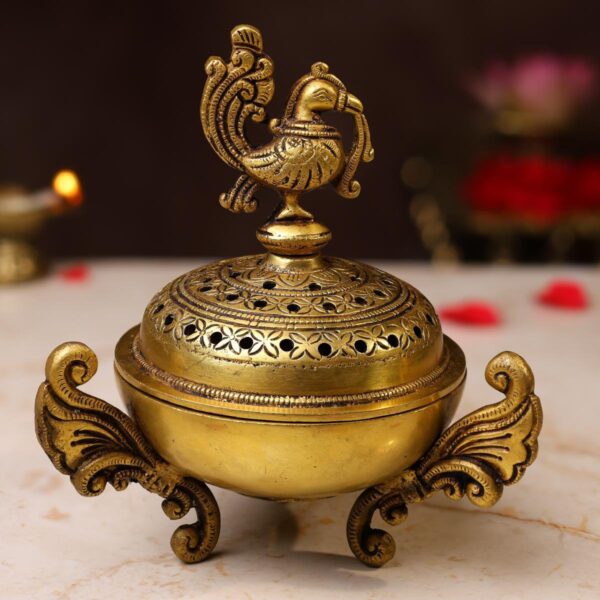 Brass Peacock Dhoop Dani – 7 Inches | Traditional Incense Burner & Decorative Piece – side view
