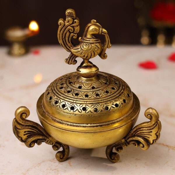 Brass Peacock Dhoop Dani – 7 Inches | Traditional Incense Burner & Decorative Piece – front view