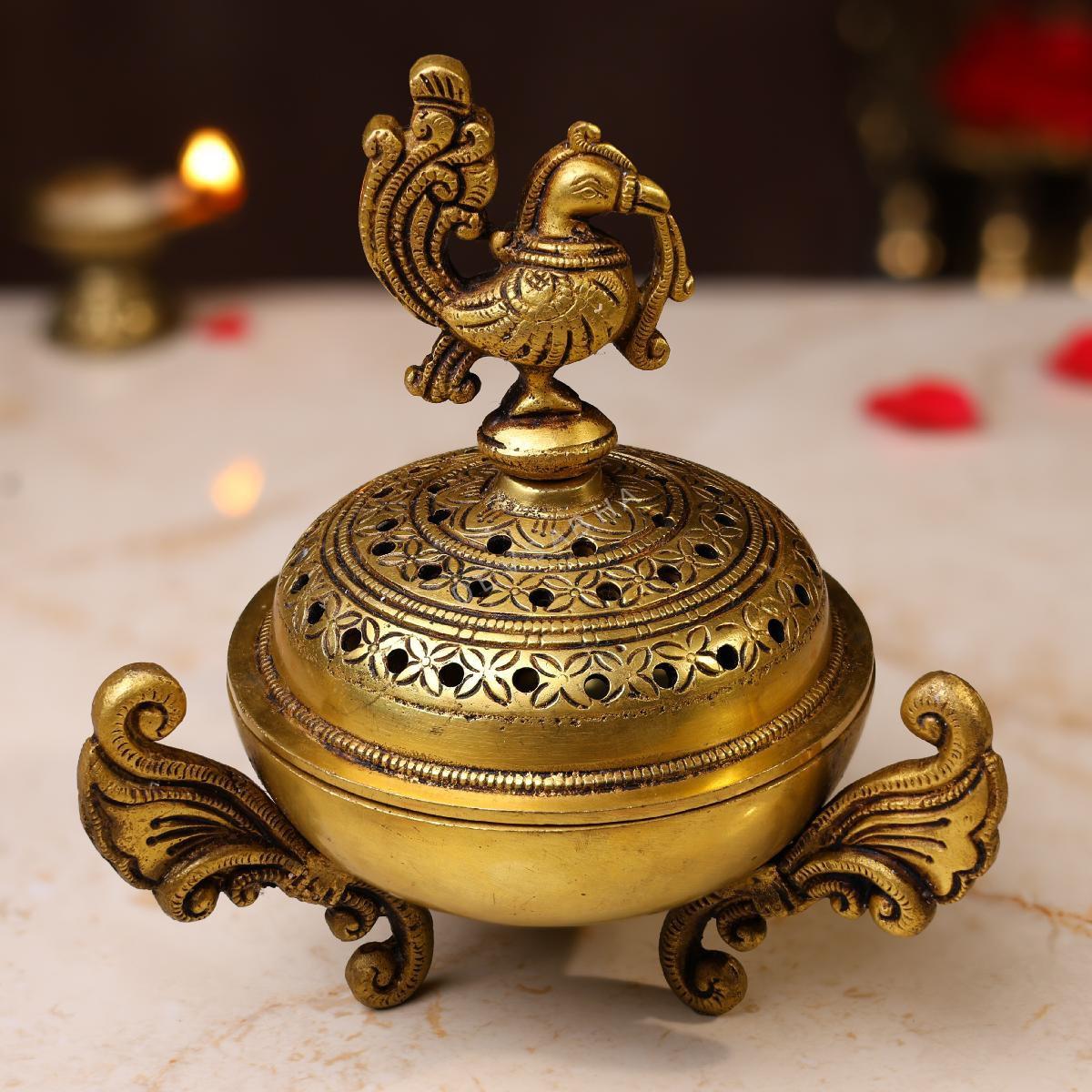 Brass Peacock Dhoop Dani – 7 Inches | Traditional Incense Burner & Decorative Piece – front view