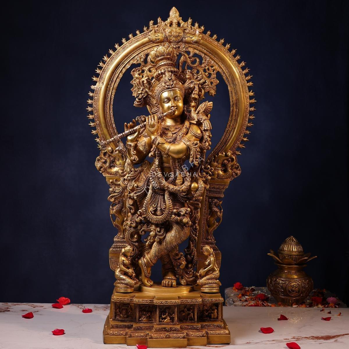 Large Size Brass Krishna Idol Playing Flute – 32 Inches | Divine & Majestic Statue – front view