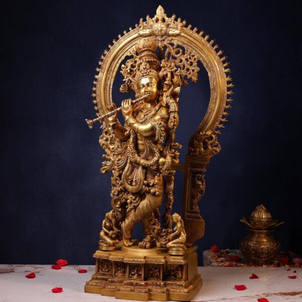 Large Size Brass Krishna Idol Playing Flute – 32 Inches | Divine & Majestic Statue – side view