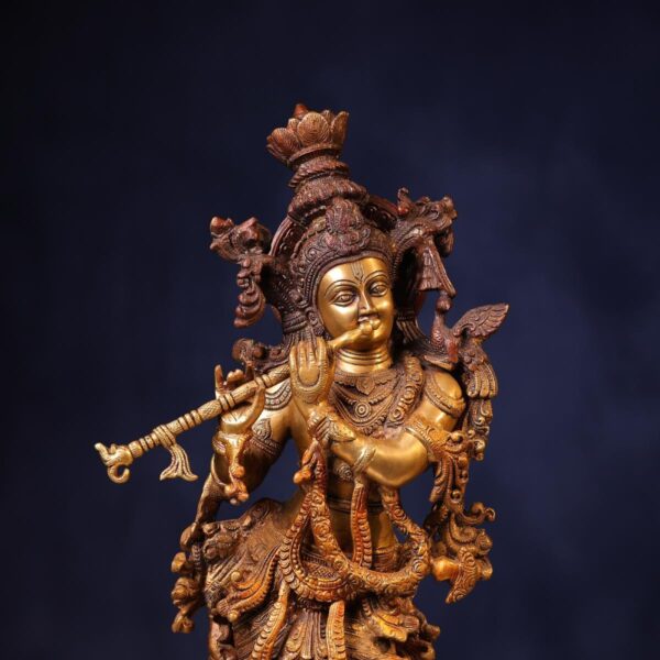 Brass Colourful Lord Krishna Murti – 29.5 Inches | Divine & Majestic Statue – side view