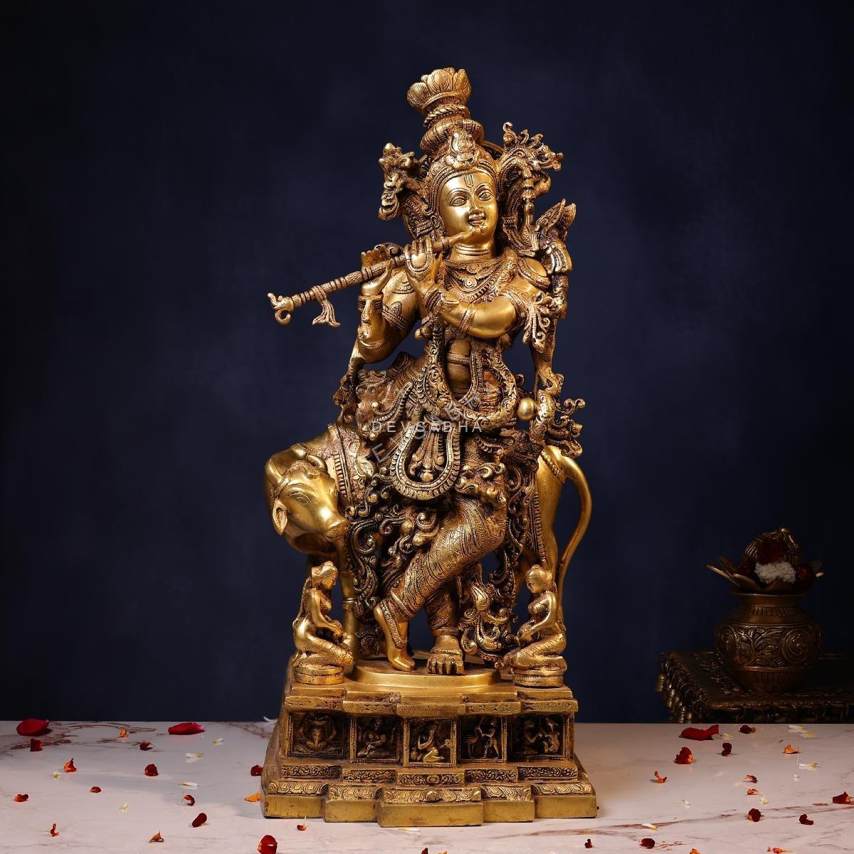 Brass Lord Krishna Idol with Kamdhenu – 27 Inches | Divine & Auspicious Statue – front view