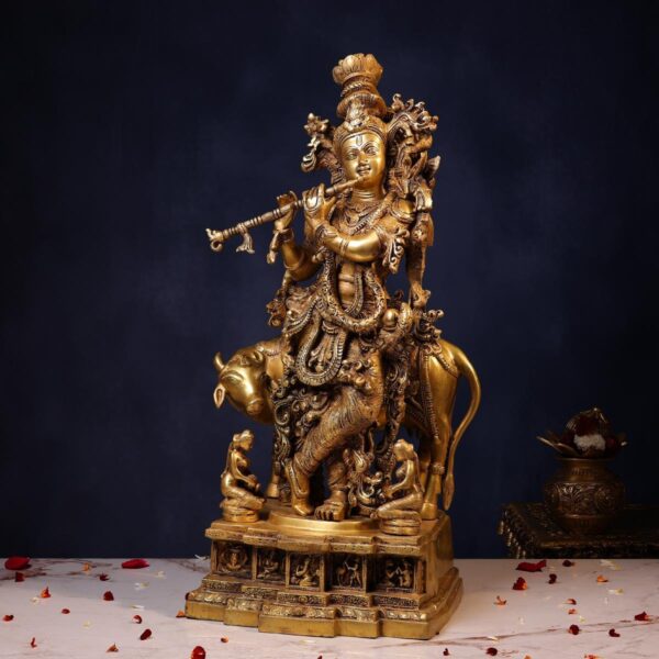 Brass Lord Krishna Idol with Kamdhenu – 27 Inches | Divine & Auspicious Statue – side view