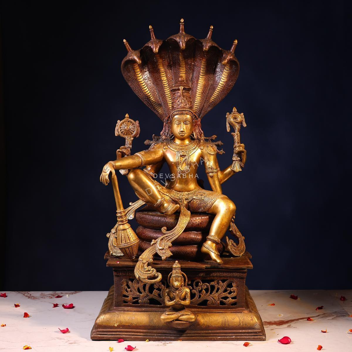 Brass Lord Vishnu Sitting on Sheshnag – 28 Inches – front view