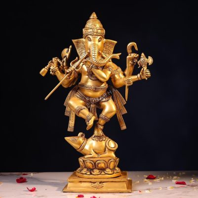 Brass Lord Ganesh Dancing on Mushak – 18.5 Inches – front view