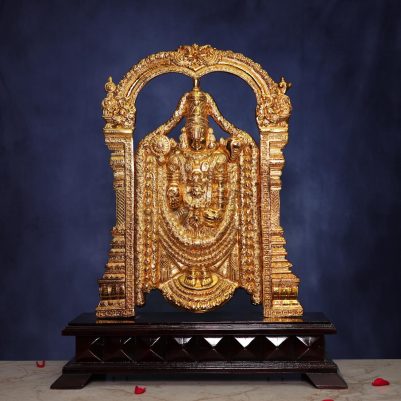 30 Inch Gold Plated Brass Balaji Idol with Wooden Base – front view